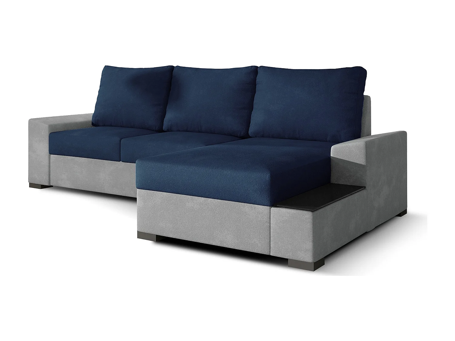 Canapé angle droit convertible tissu doux gris clair et bleu foncé James 245cm