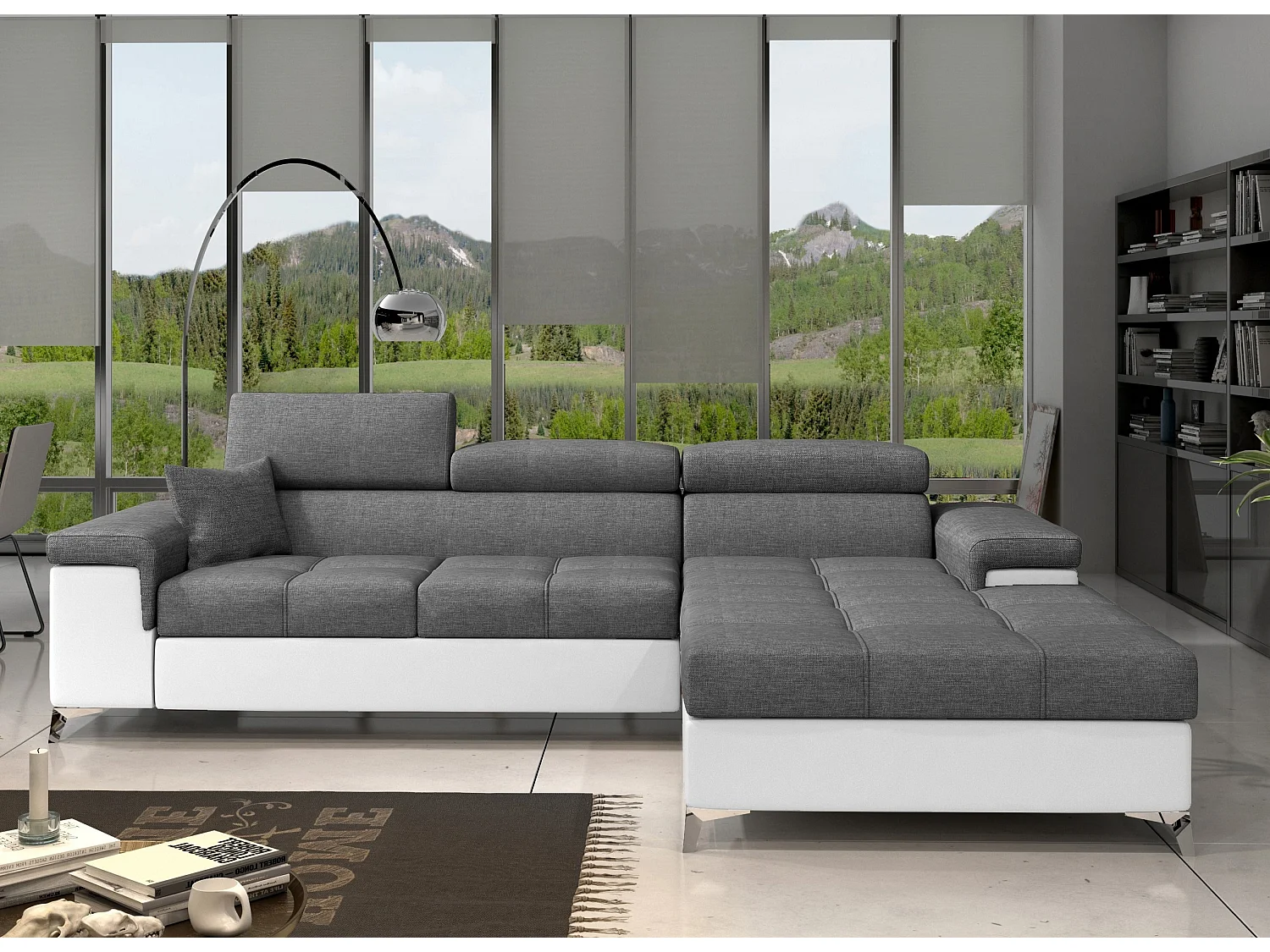 Canapé angle droit convertible tissu gris foncé et simili blanc avec appuis-tête réglables Rikaro 280cm