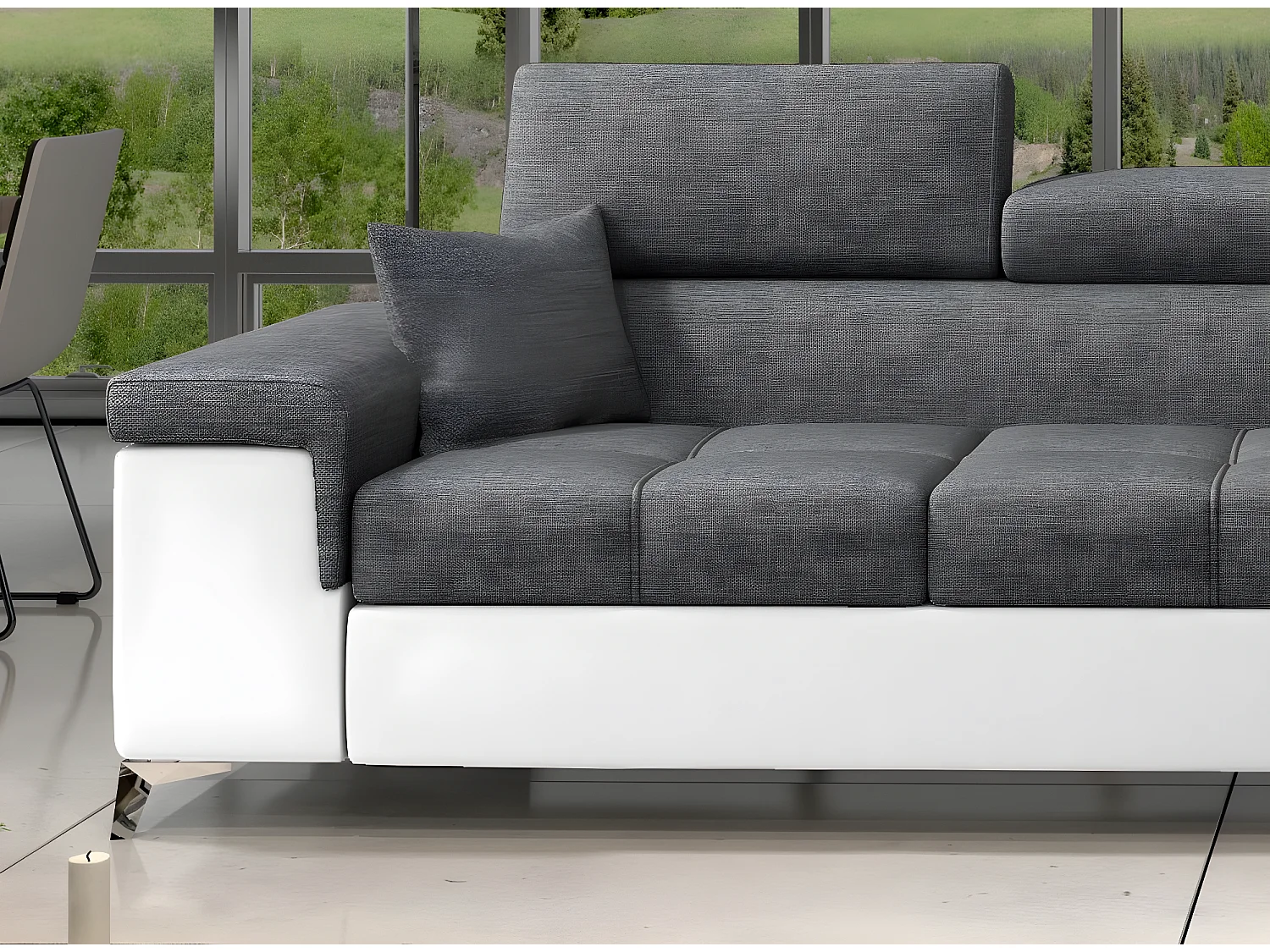 Canapé angle droit convertible tissu gris foncé et simili blanc avec appuis-tête réglables Rikaro 280cm