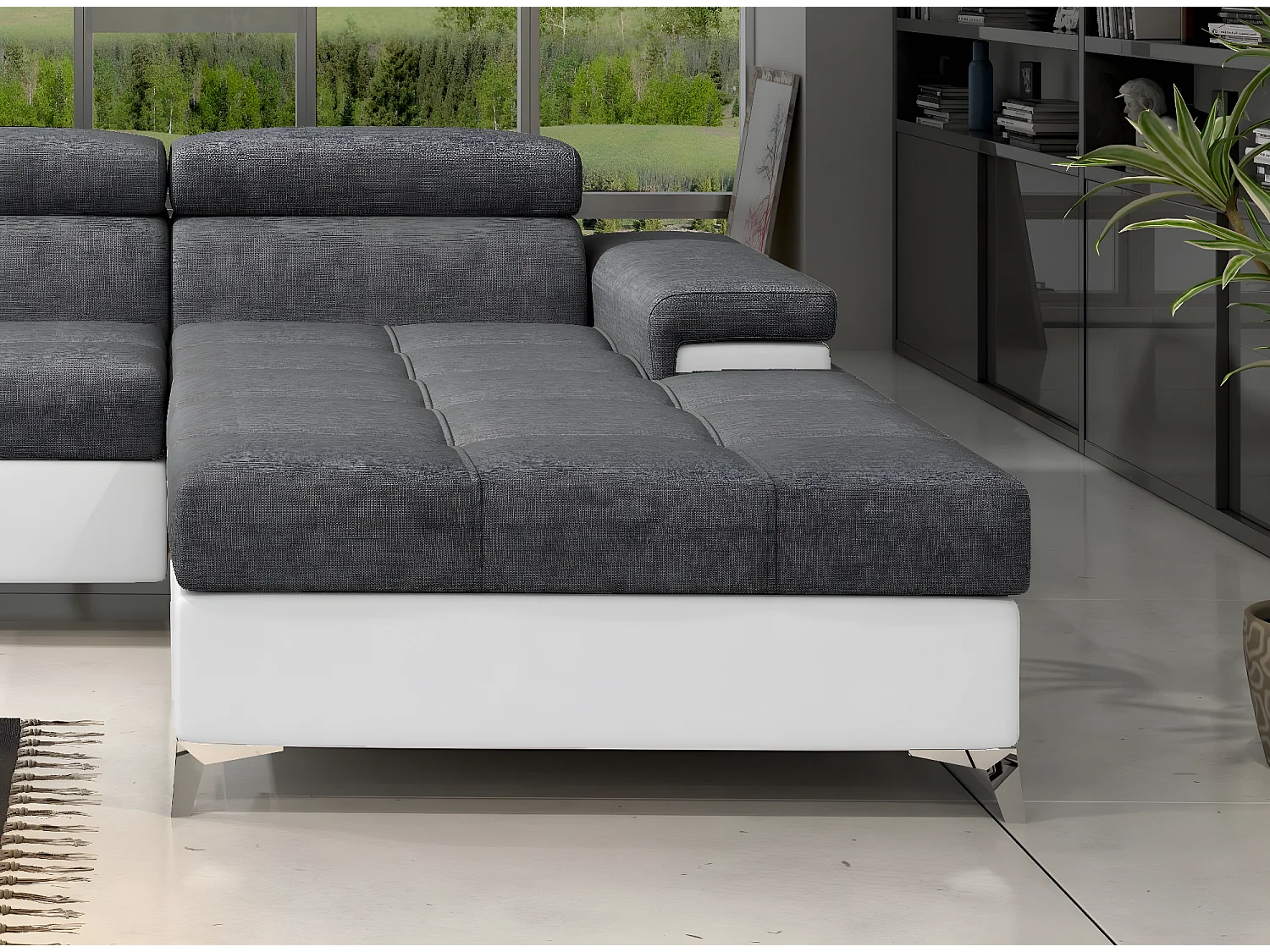 Canapé angle droit convertible tissu gris foncé et simili blanc avec appuis-tête réglables Rikaro 280cm