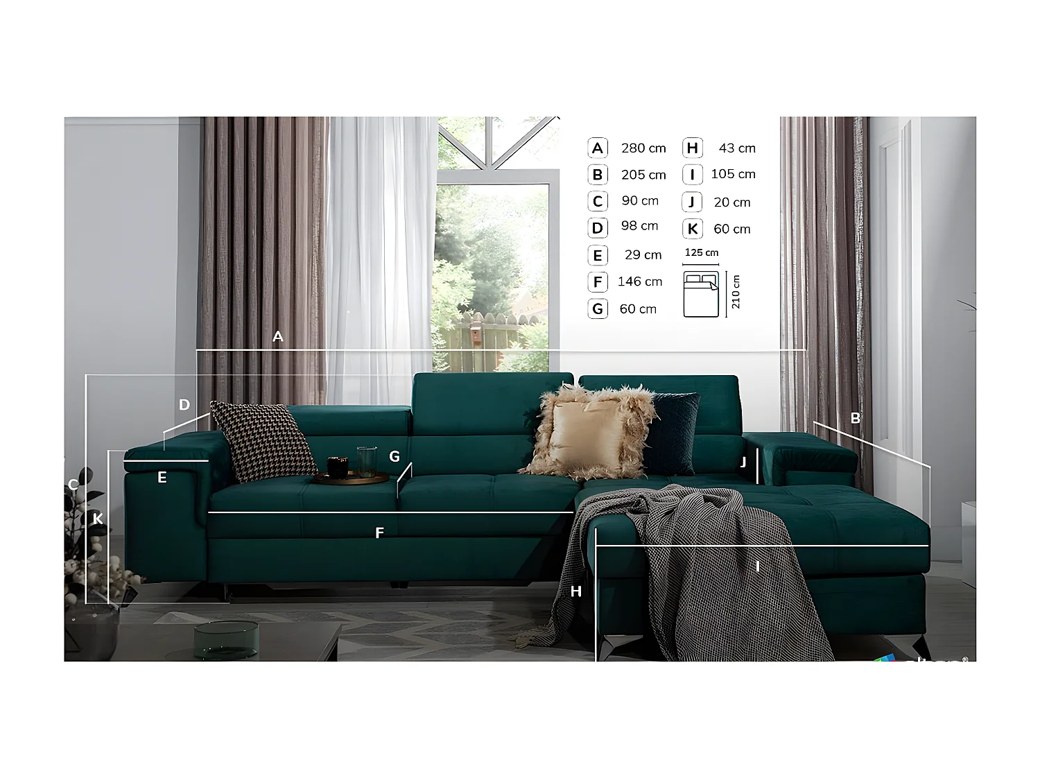 Canapé angle droit convertible tissu gris foncé et simili blanc avec appuis-tête réglables Rikaro 280cm