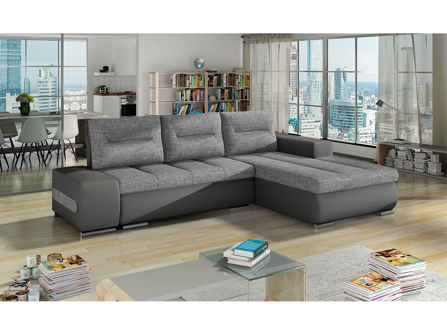 Canapé convertible angle droit tissu gris clair et simili gris Waker 275cm