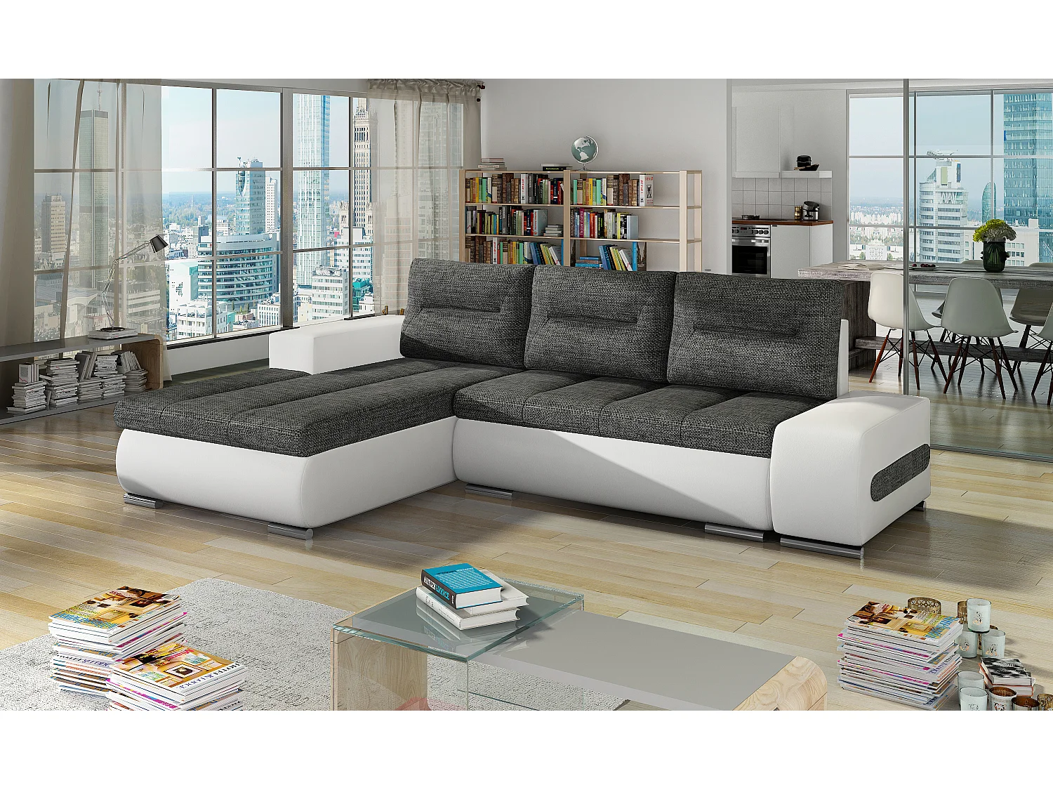 Canapé convertible angle gauche tissu gris foncé et simili blanc Waker 275cm