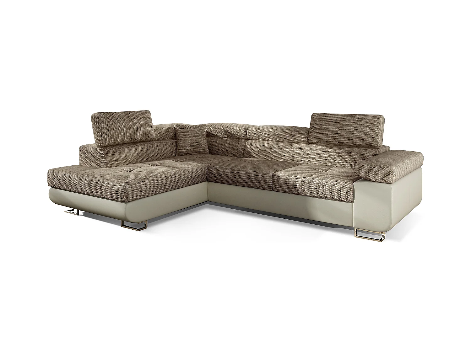 Canapé d'angle gauche convertible tissu beige clair chiné et simili beige Marka 275cm
