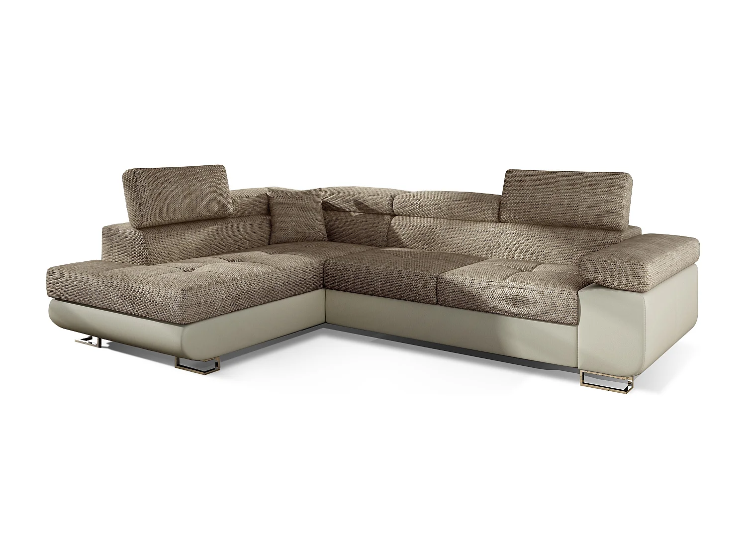 Sofá esquinero convertible en símil piel y tela reposacabezas elevables - Colección Marka-Beige claro/Beige jaspeado-Ángulo izquierdo