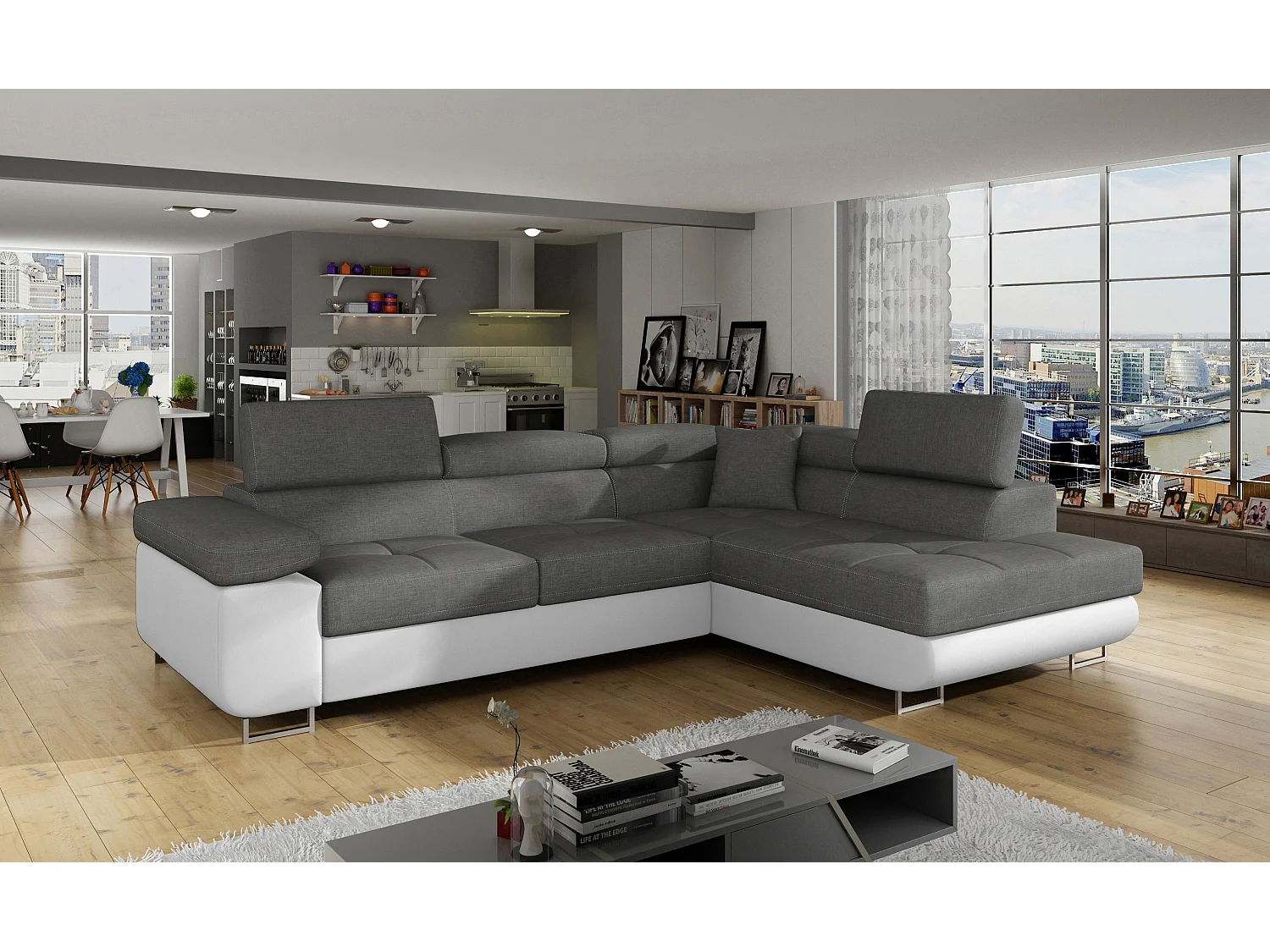 Sofá esquinero convertible en símil piel y tela reposacabezas elevables - Colección Marka-Beige claro/Beige jaspeado-Ángulo izquierdo