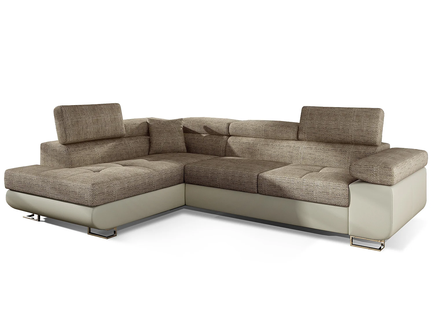 Converteerbare hoekbank in kunstleer en stof met opklapbare hoofdsteunen - Marka Collection-Kleur Lichtbeige/gemêleerd beige-linkerhoek