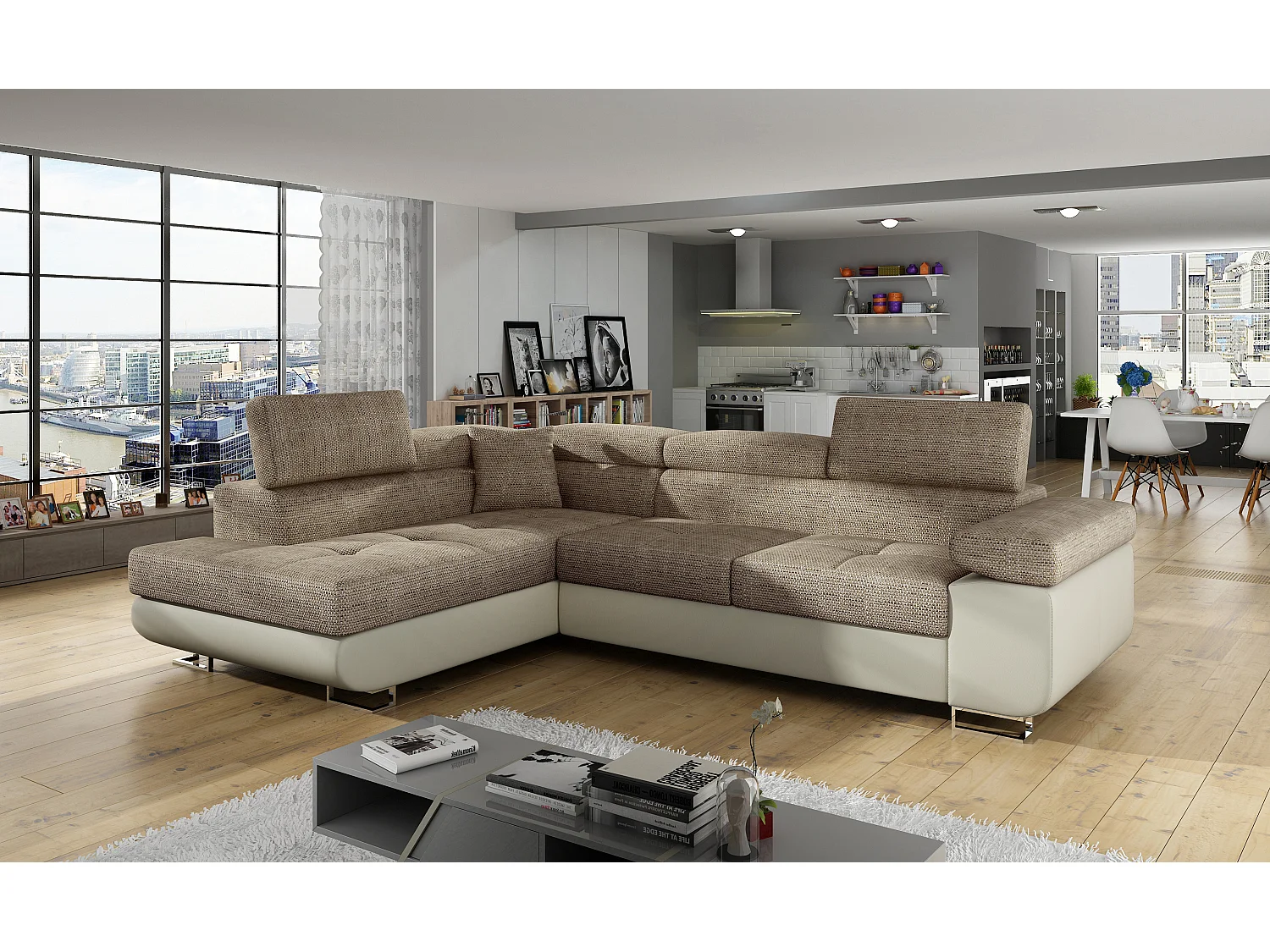 Converteerbare hoekbank in kunstleer en stof met opklapbare hoofdsteunen - Marka Collection-Kleur Lichtbeige/gemêleerd beige-linkerhoek