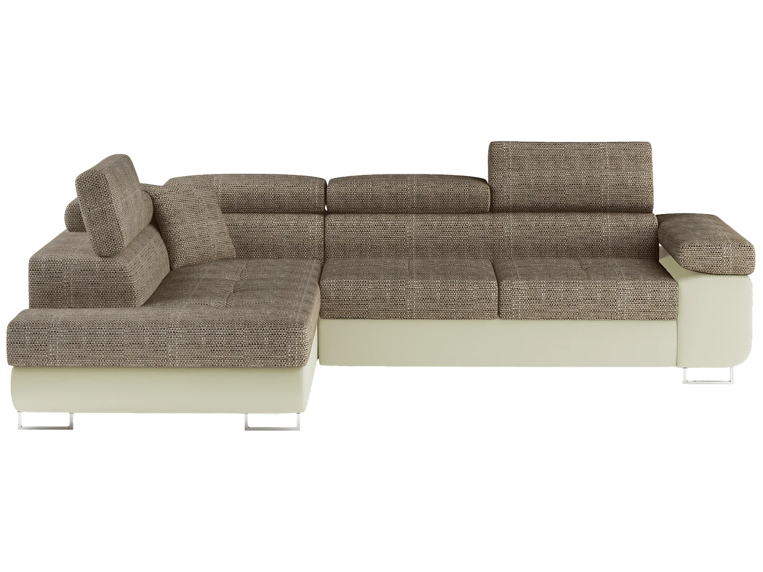 Canapé d'angle convertible simili cuir et tissu MARKA - Coffre et appuis-tête réglables-Beige clair/Beige chiné-angle gauche