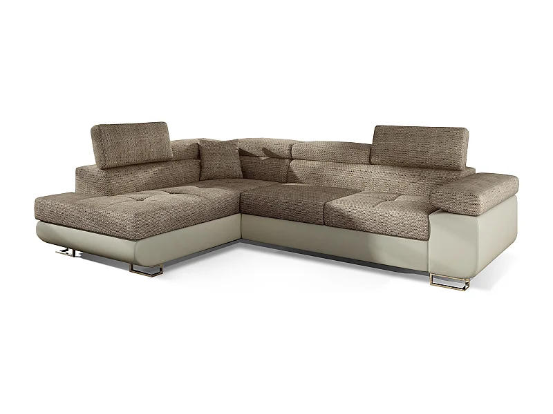 Canapé d'angle gauche convertible tissu beige clair chiné et simili beige Marka 275cm