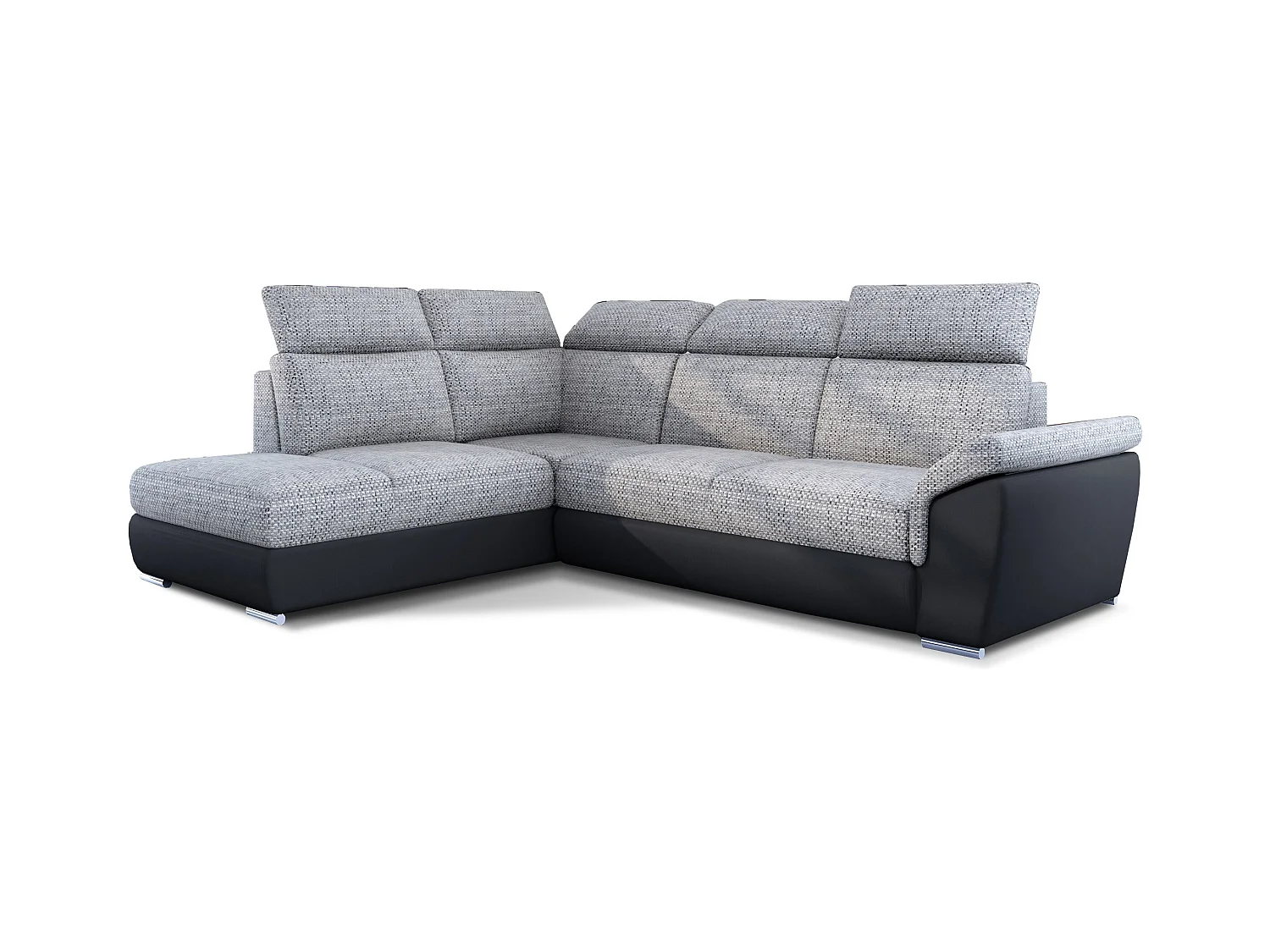 Canapé angle gauche convertible tissu gris chiné et simili cuir noir avec appuis-tête réglables Kepita 260cm
