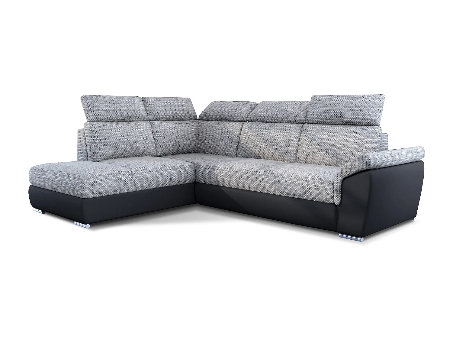 Canapé angle gauche convertible tissu gris chiné et simili cuir noir avec appuis-tête réglables Kepita 260cm