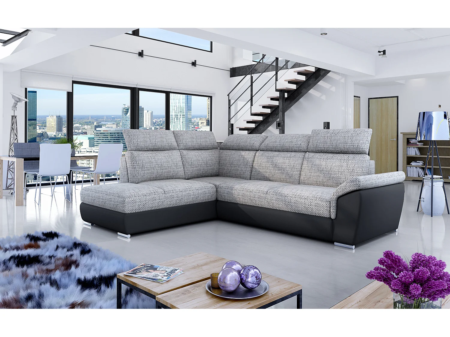 Canapé angle gauche convertible tissu gris chiné et simili cuir noir avec appuis-tête réglables Kepita 260cm