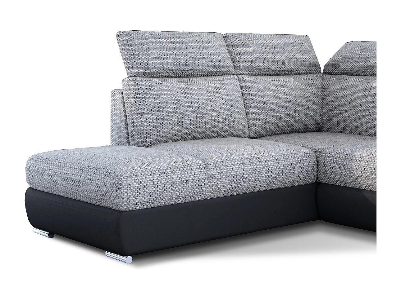 Canapé angle gauche convertible tissu gris chiné et simili cuir noir avec appuis-tête réglables Kepita 260cm