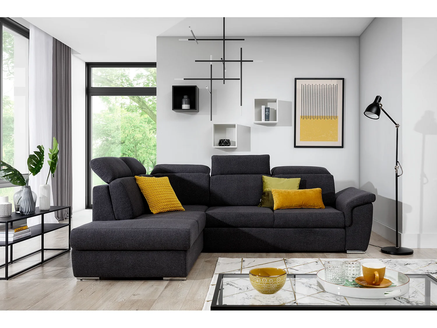 Canapé angle gauche convertible tissu gris chiné et simili cuir noir avec appuis-tête réglables Kepita 260cm