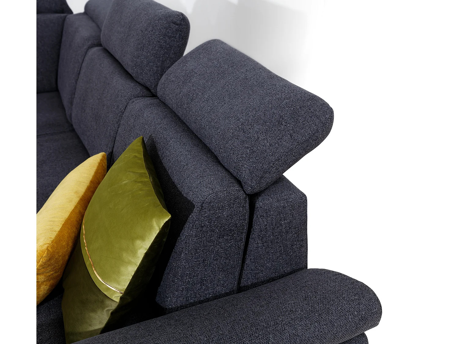 Canapé angle gauche convertible tissu gris chiné et simili cuir noir avec appuis-tête réglables Kepita 260cm