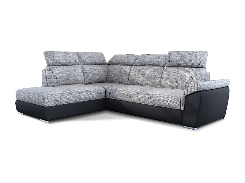 Canapé angle gauche convertible tissu gris chiné et simili cuir noir avec appuis-tête réglables Kepita 260cm