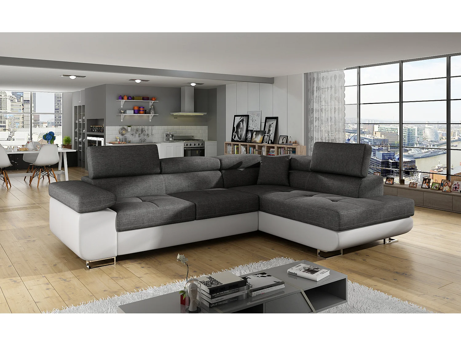 Canapé d'angle droit convertible tissu gris foncé et simili cuir blanc Marka 275cm