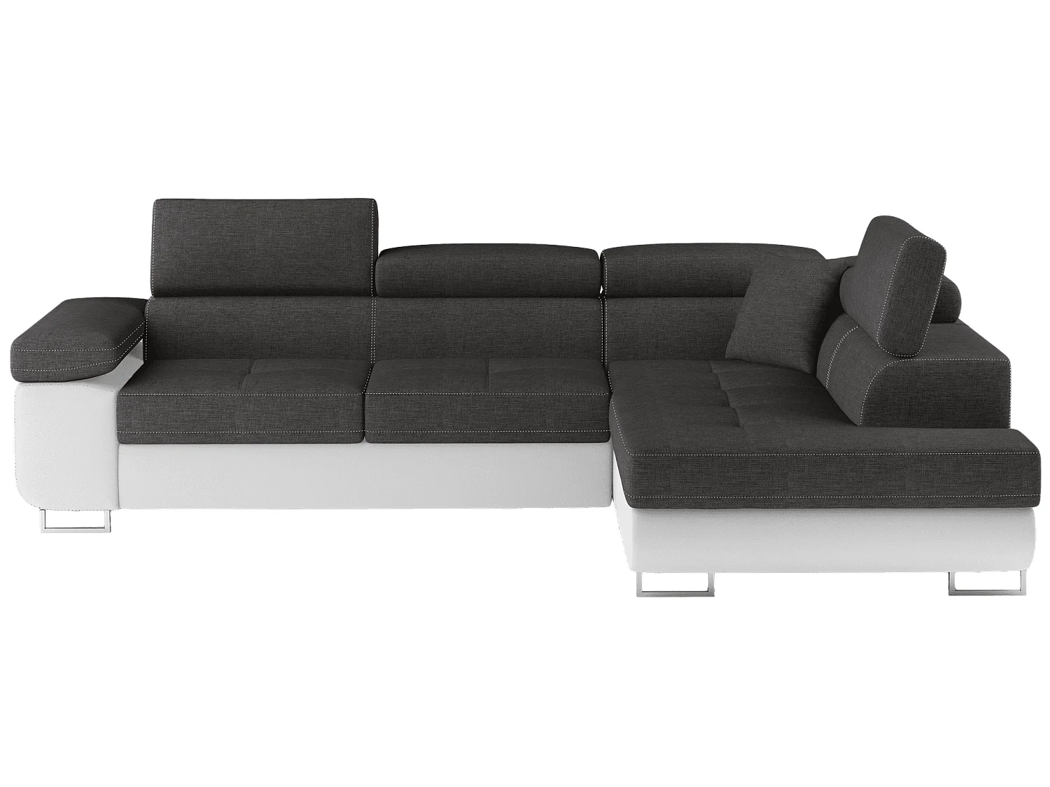 Canapé d'angle convertible simili cuir et tissu MARKA - Coffre et appuis-tête réglables-Blanc/Gris foncé-angle droit