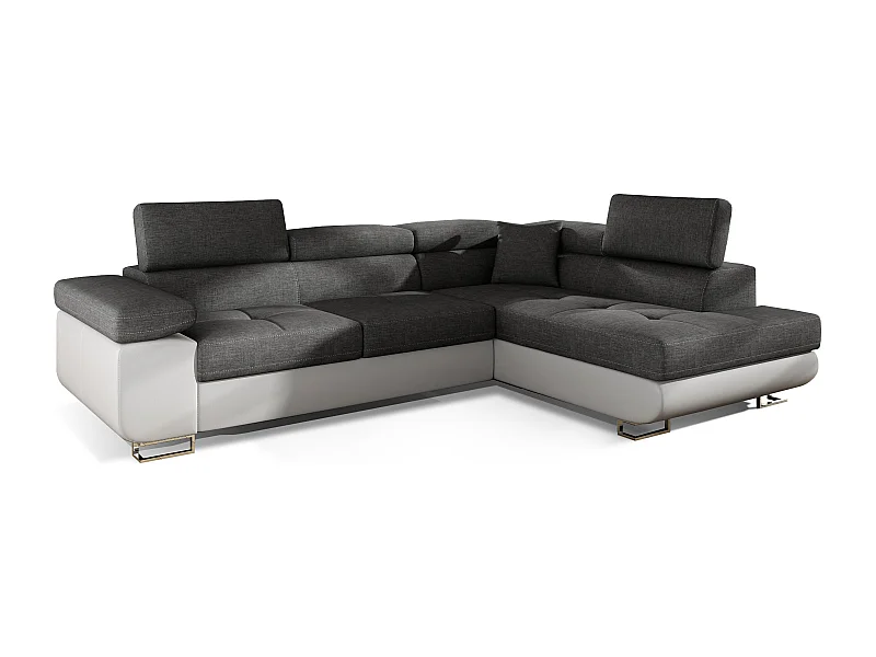 Canapé d'angle convertible simili cuir et tissu MARKA - Coffre et appuis-tête réglables-Blanc/Gris foncé-angle droit