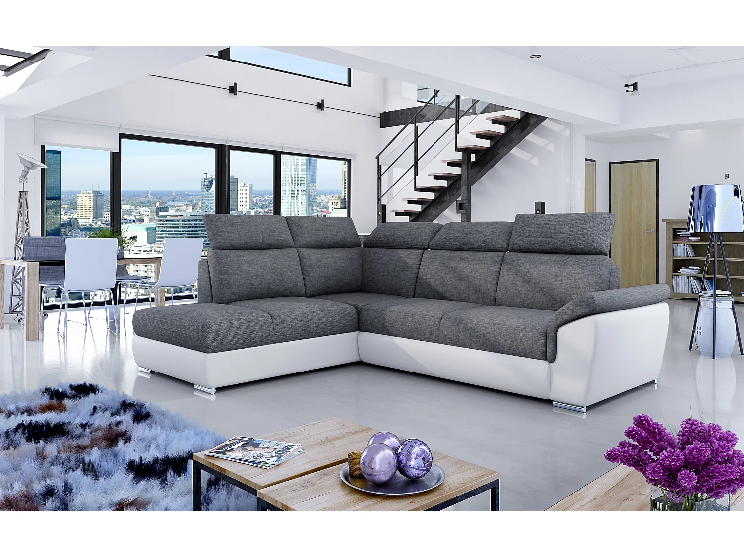 Canapé angle gauche convertible tissu gris foncé et simili blanc avec appuis-tête réglables Kepita 260cm