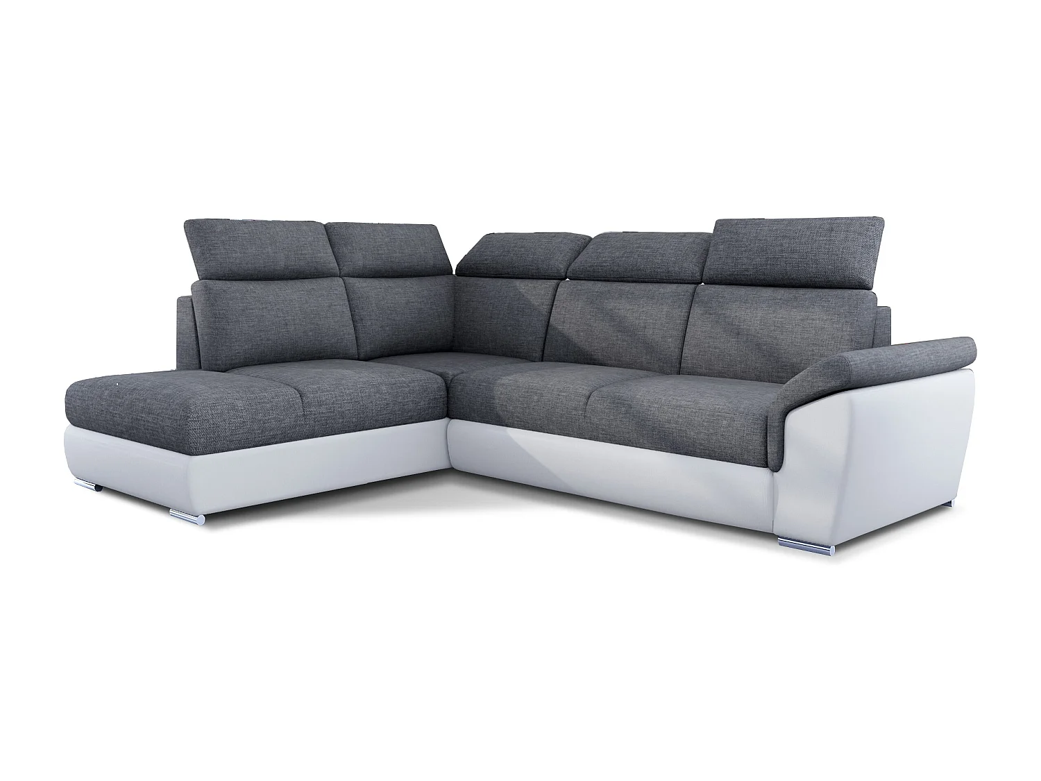 Canapé angle gauche convertible tissu gris foncé et simili blanc avec appuis-tête réglables Kepita 260cm