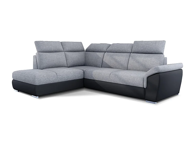 Canapé angle gauche convertible tissu gris clair et simili cuir noir avec appuis-tête réglables Kepita 260cm