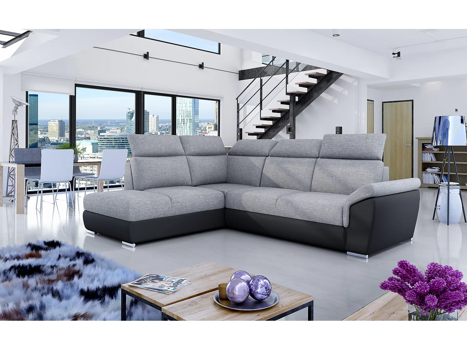 Canapé angle gauche convertible tissu gris clair et simili cuir noir avec appuis-tête réglables Kepita 260cm