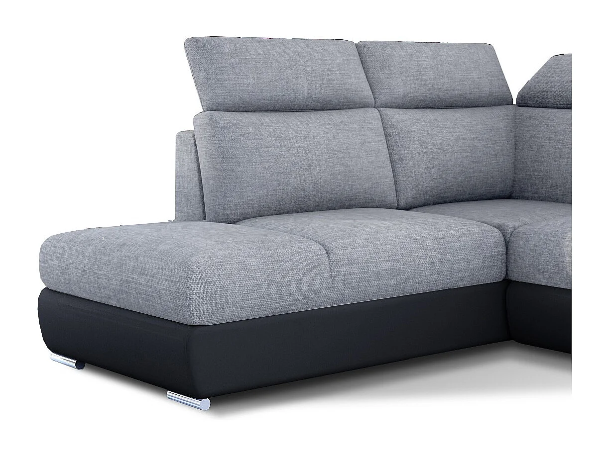 Canapé angle gauche convertible tissu gris clair et simili cuir noir avec appuis-tête réglables Kepita 260cm