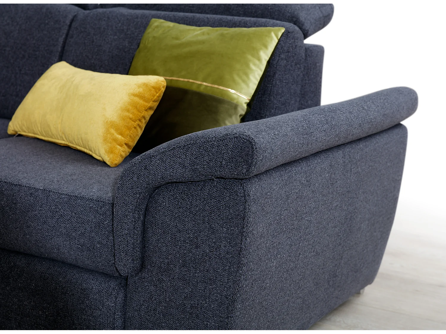 Canapé angle gauche convertible tissu gris clair et simili cuir noir avec appuis-tête réglables Kepita 260cm