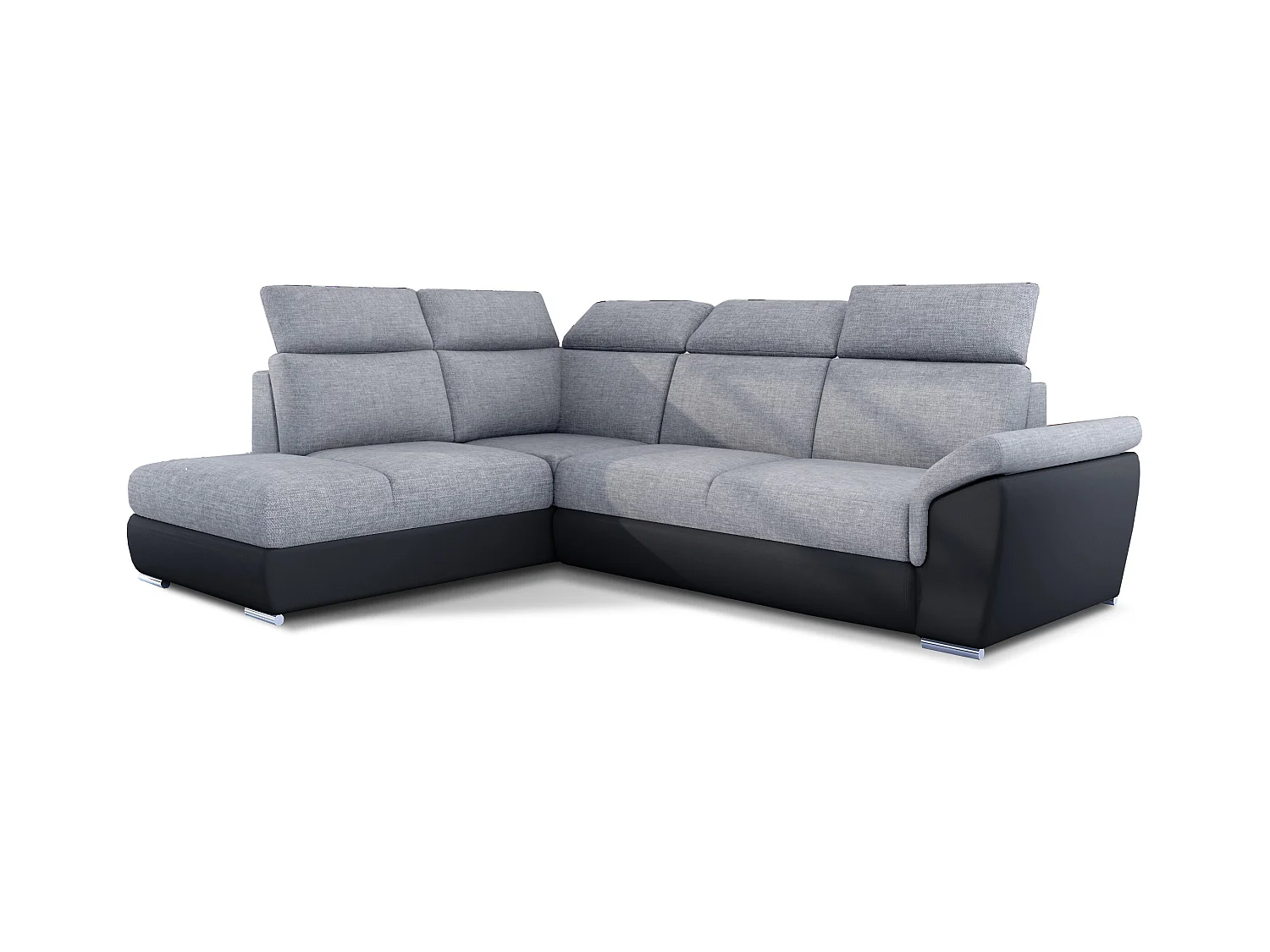 Canapé angle gauche convertible tissu gris clair et simili cuir noir avec appuis-tête réglables Kepita 260cm