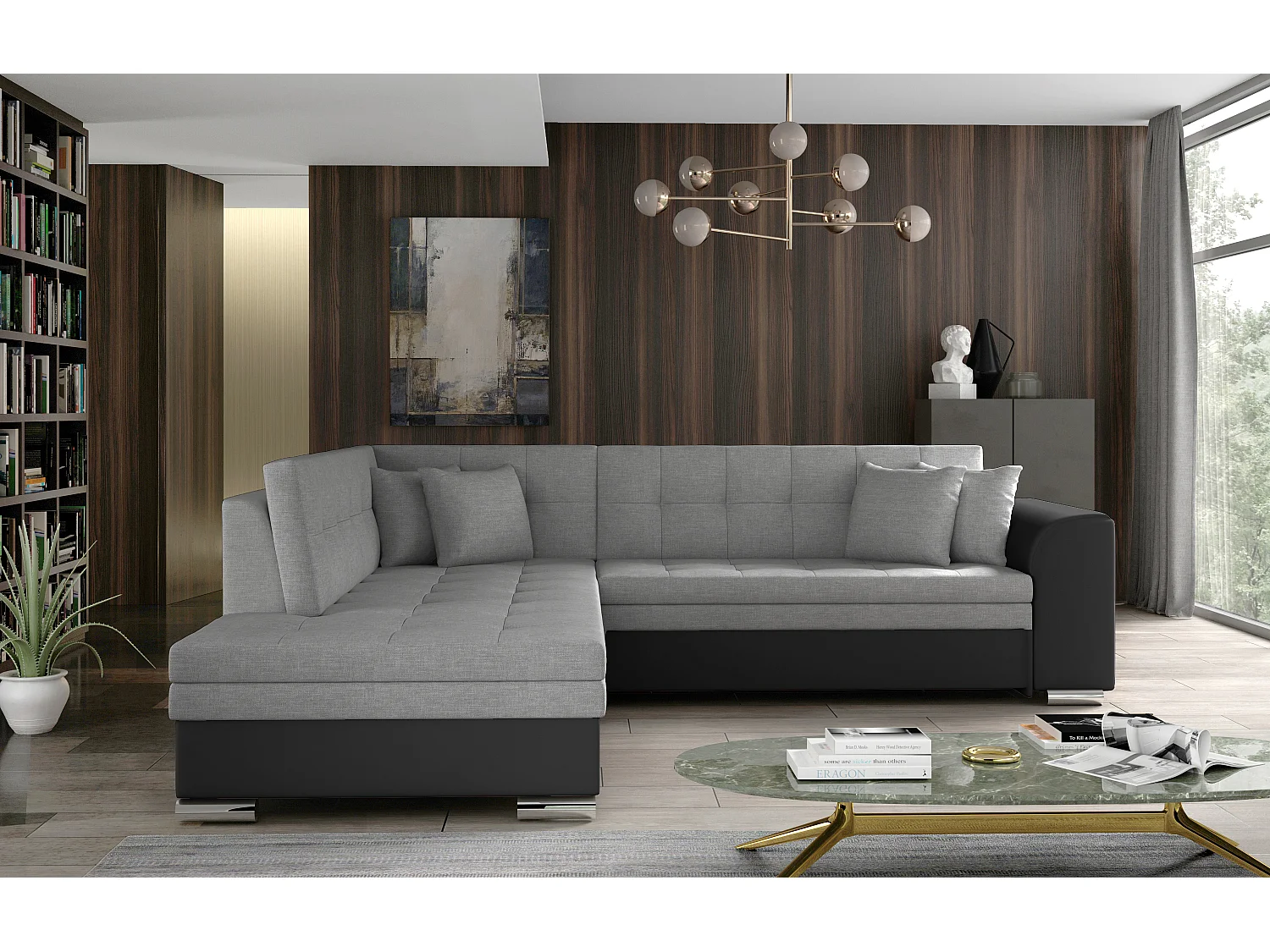 Canapé convertible gauche droit tissu gris clair et simili noir Pika 260cm