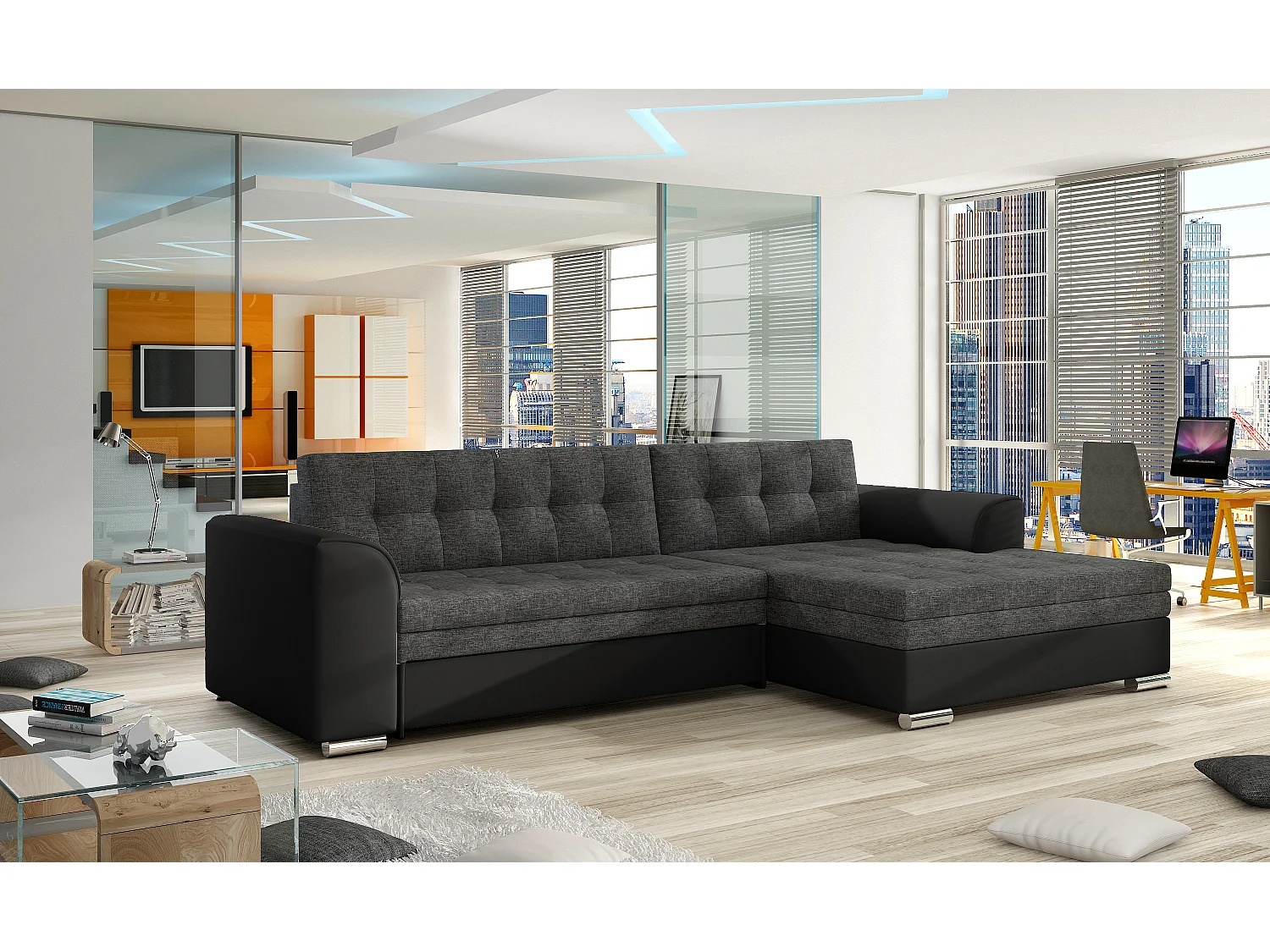 Canapé angle droit convertible simili noir et tissu gris foncé Kapitona 270cm