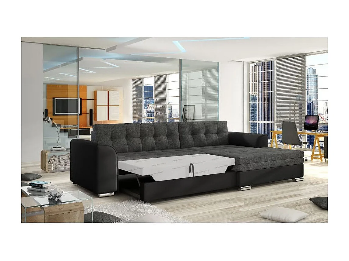 Sofá esquinero convertible KAPONA en tela y piel sintética - Patas de acero cromado-Negro/Gris oscuro-Ángulos rectos