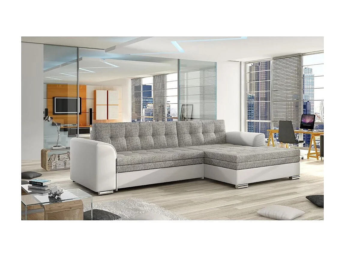 Sofá esquinero convertible KAPONA en tela y piel sintética - Patas de acero cromado-Negro/Gris oscuro-Ángulos rectos