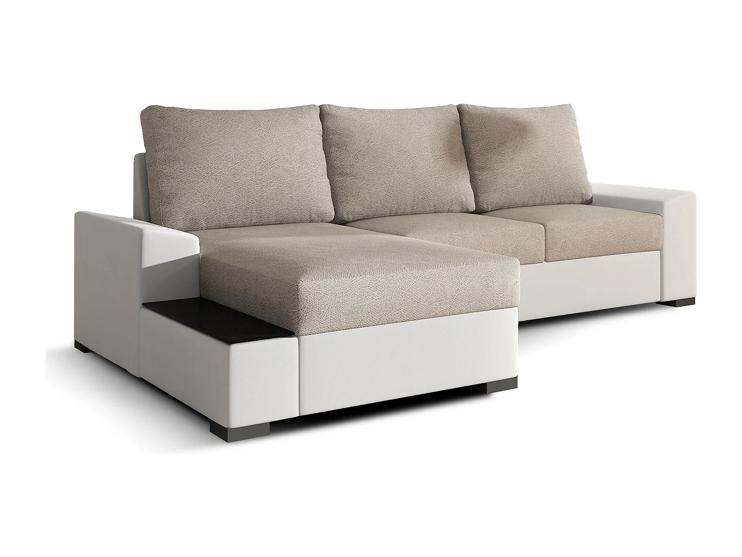 Canapé angle gauche convertible tissu beige et simili blanc James 245cm