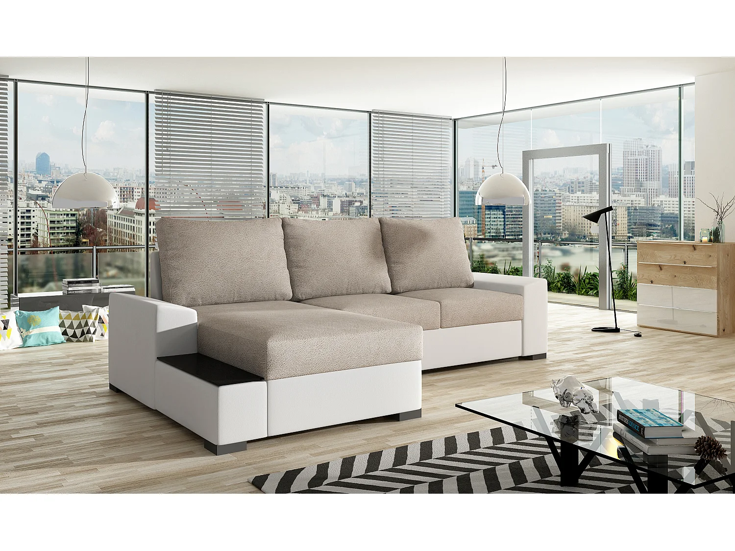 Canapé angle gauche convertible tissu beige et simili blanc James 245cm