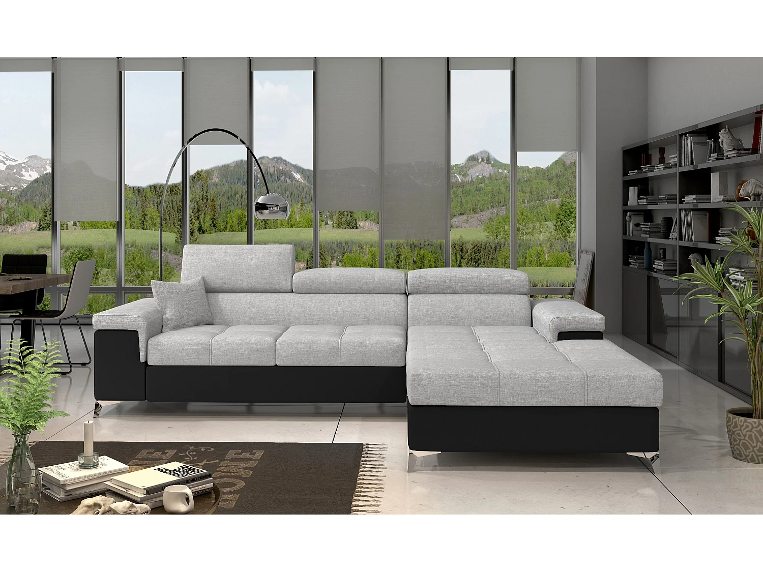 Canapé angle droit convertible tissu gris clair et simili noir avec appuis-tête réglables Rikaro 280cm
