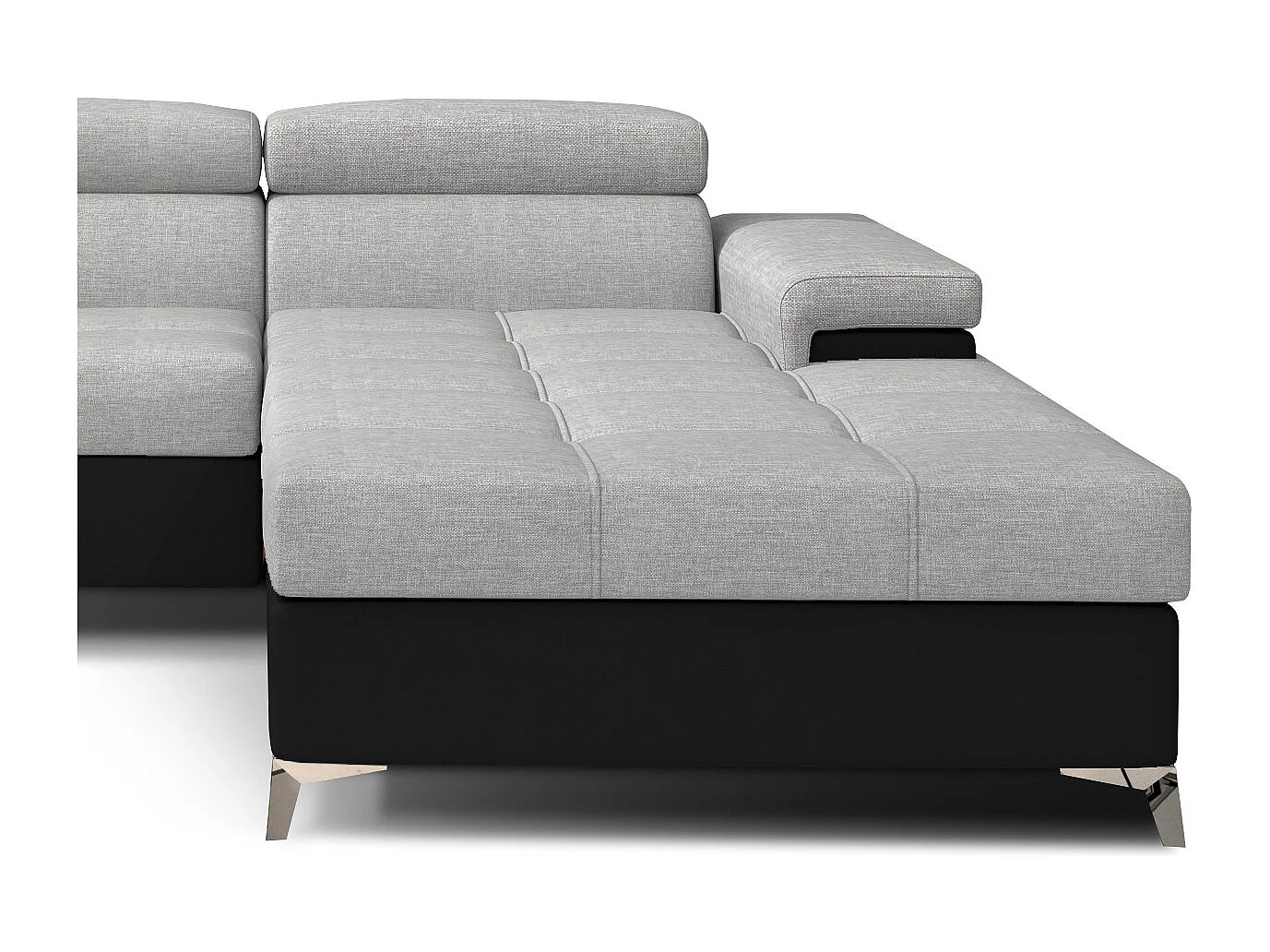 Canapé angle droit convertible tissu gris clair et simili noir avec appuis-tête réglables Rikaro 280cm