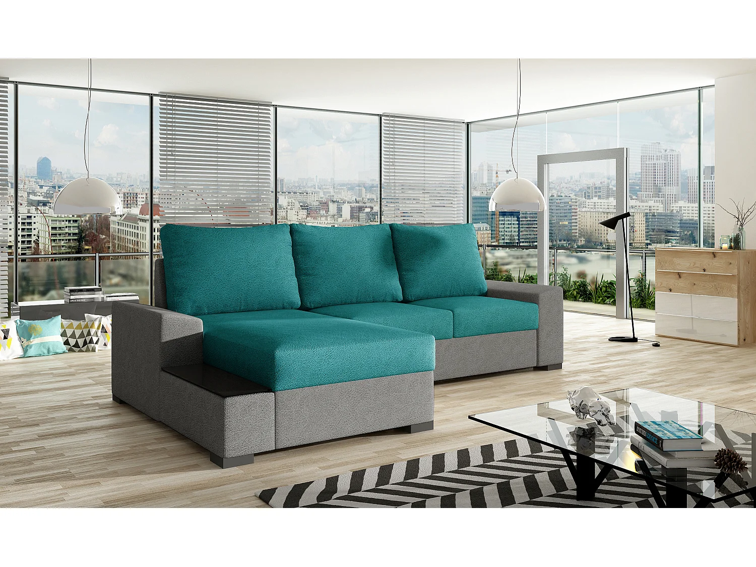 Canapé angle gauche convertible tissu doux gris clair et vert James 245cm