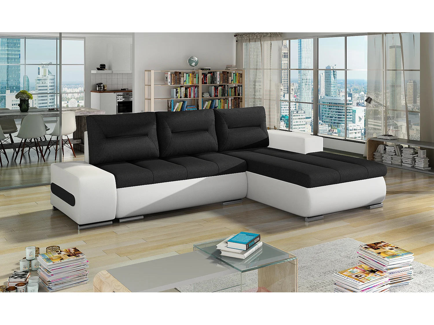 Canapé convertible angle droit tissu noir et simili blanc Waker 275cm