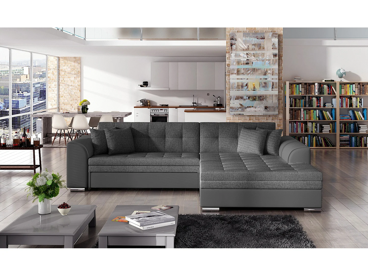 Canapé d'angle convertible tissu et simili LOOKA - Pieds métal chromé-Gris/Gris foncé-angle droit