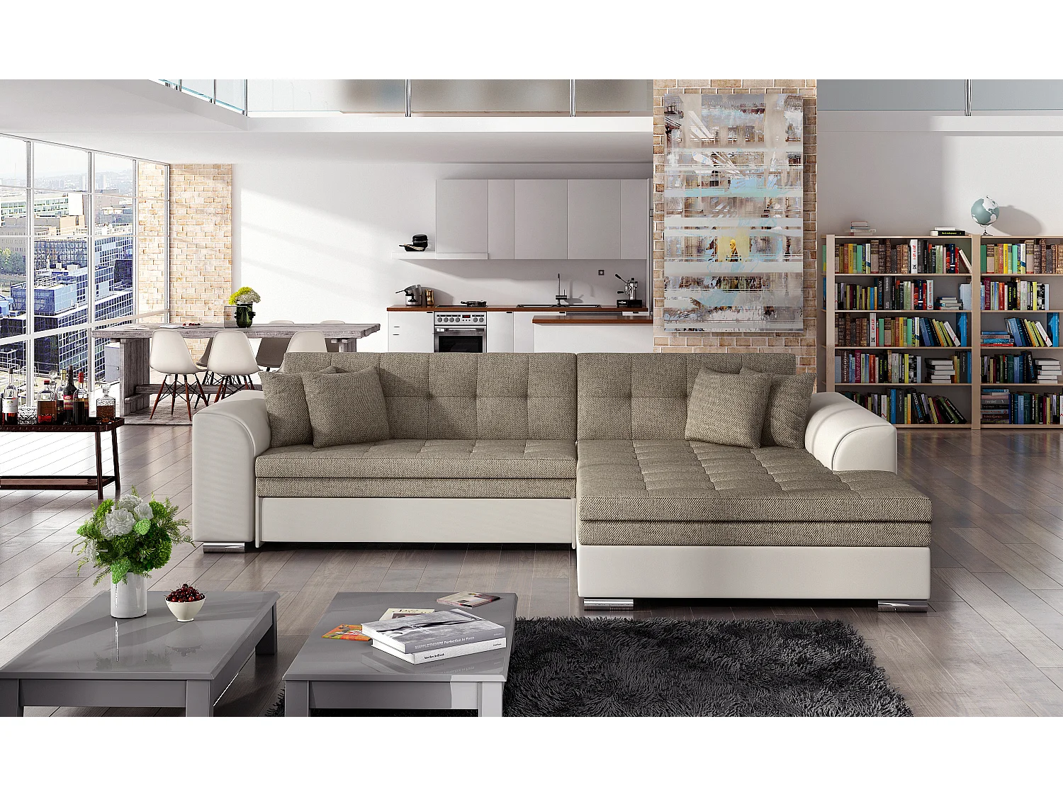 Canapé d'angle convertible tissu et simili LOOKA - Pieds métal chromé-Gris/Gris foncé-angle droit