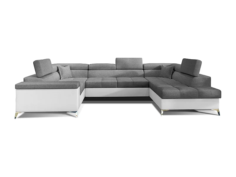 Canapé panoramique convertible tissu gris foncé et simili cuir blanc avec coffre de rangement Triano 342cm-Coffre de rangement à droite