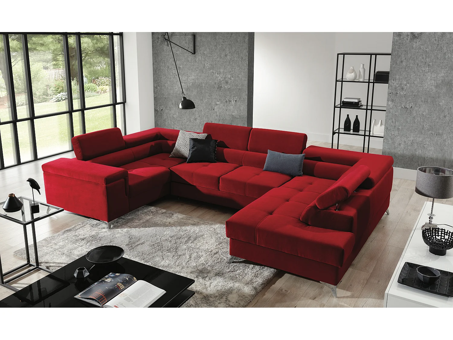 Canapé panoramique convertible tissu gris foncé et simili cuir blanc avec coffre de rangement Triano 342cm-Coffre de rangement à droite