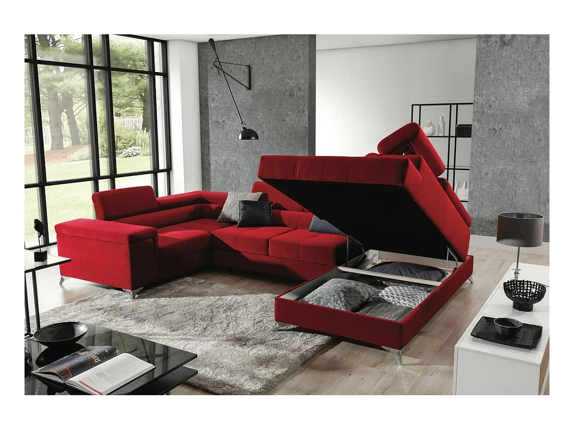 Canapé panoramique convertible tissu gris foncé et simili cuir blanc avec coffre de rangement Triano 342cm-Coffre de rangement à droite