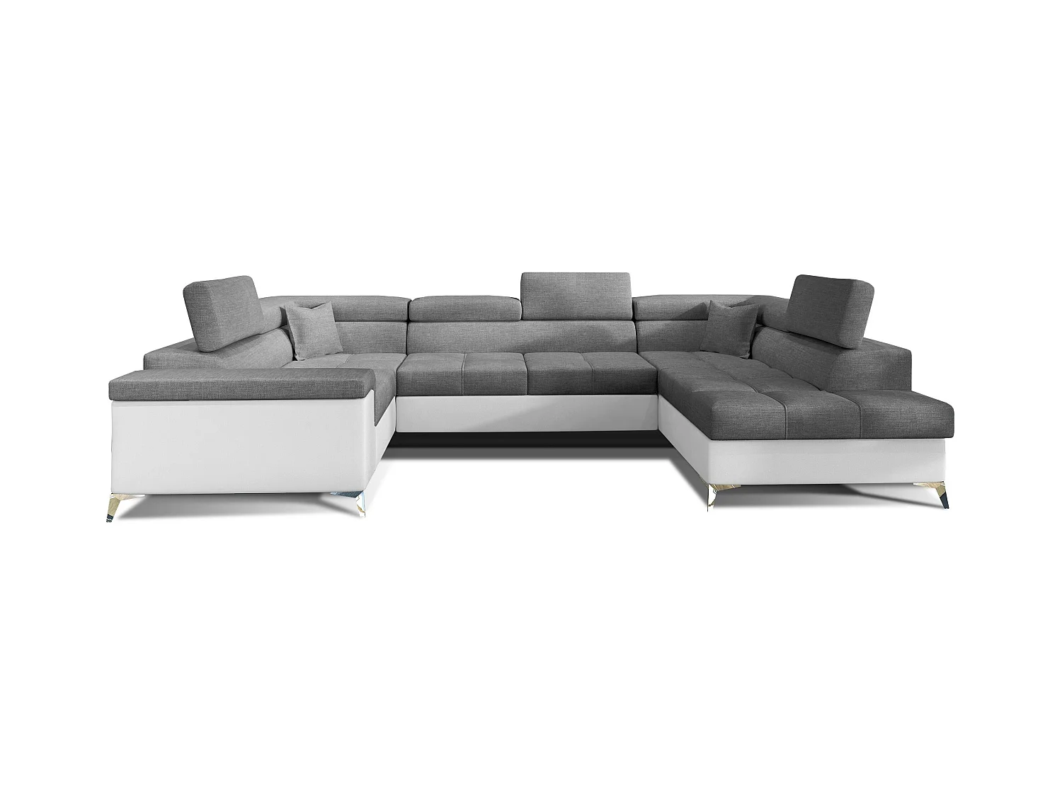 Canapé panoramique convertible tissu gris foncé et simili cuir blanc avec coffre de rangement Triano 342cm-Coffre de rangement à droite