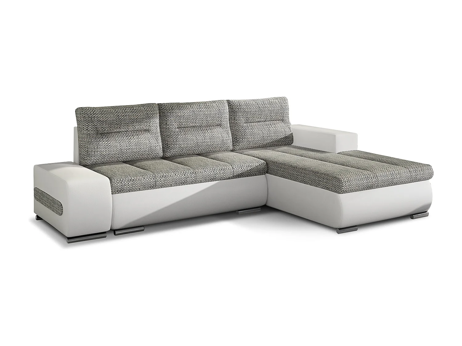 Canapé convertible angle droit tissu gris clair chiné et simili blanc Waker 275cm