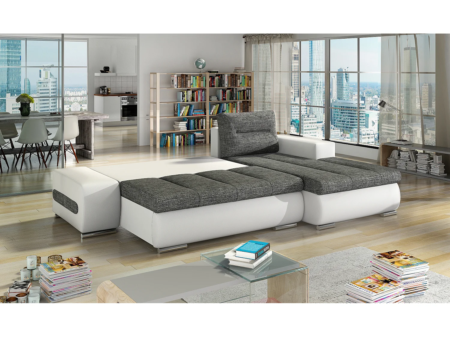 Canapé convertible angle droit tissu gris clair chiné et simili blanc Waker 275cm