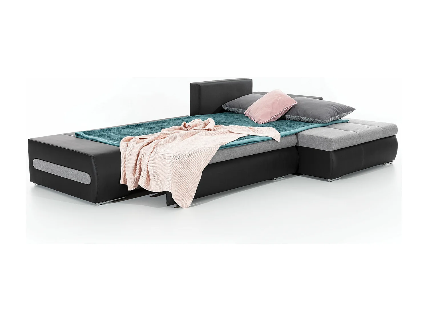 Canapé convertible angle droit tissu gris clair chiné et simili blanc Waker 275cm